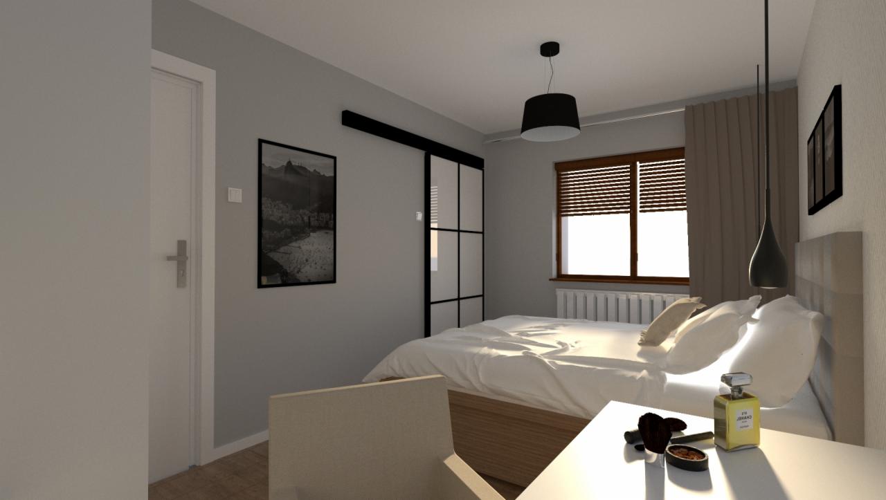 Nowoczesna sypialnia z przesuwnymi drzwiami w czarnych ramach, czarną lampą wiszącą, beżowymi zasłonami i kosmetykami na stoliku nocnym.