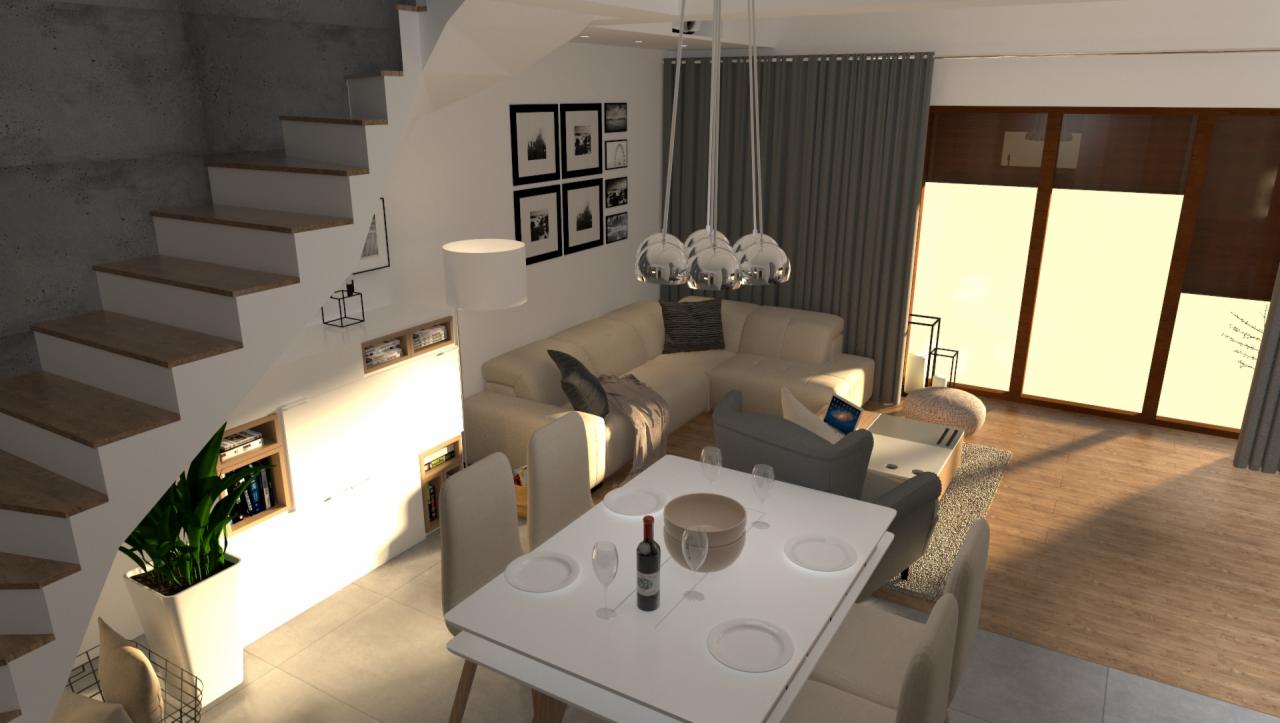 Wizualizacja salonu z jadalnią: biały stół z nakryciem, beżowa sofa narożna, schody z wbudowanymi półkami, szare zasłony i designerskie lampy wiszące.