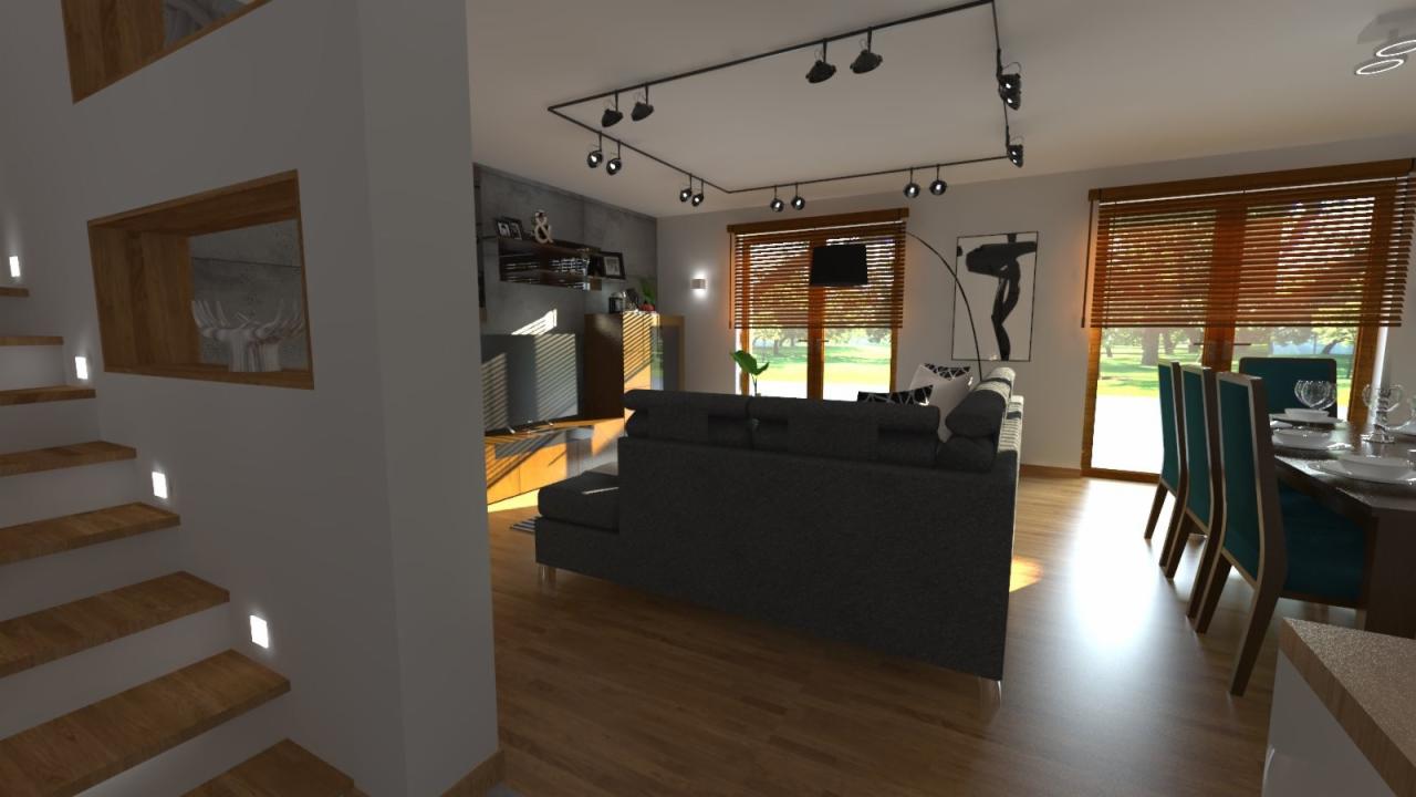 Nowoczesny salon z drewnianą podłogą, szarą sofą, oświetleniem punktowym i schodami z podświetlanymi stopniami, widok na jadalnię z turkusowymi krzesłami i oknami z żaluzjami.