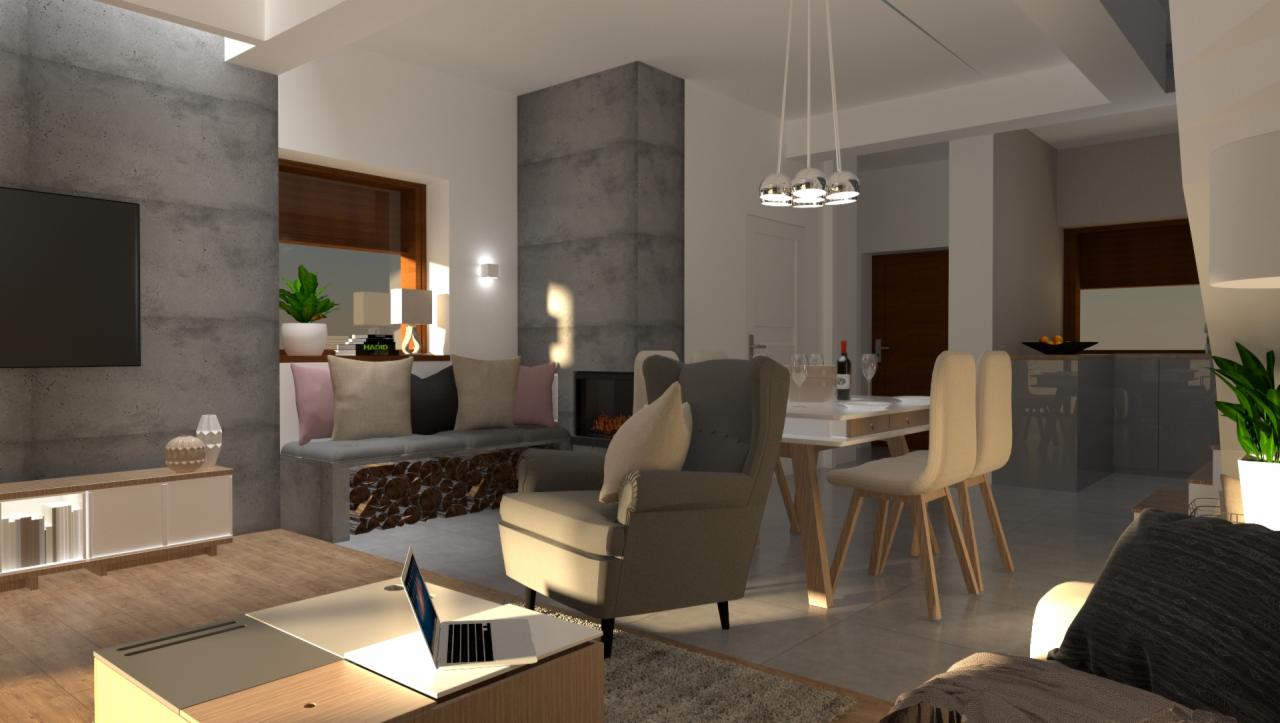 Wizualizacja salonu z betonową ścianą, kominkiem, narożną kanapą z poduszkami, drewnianą podłogą i stołem jadalnym z krzesłami w stylu skandynawskim, oświetlonym trzema wiszącymi lampami.