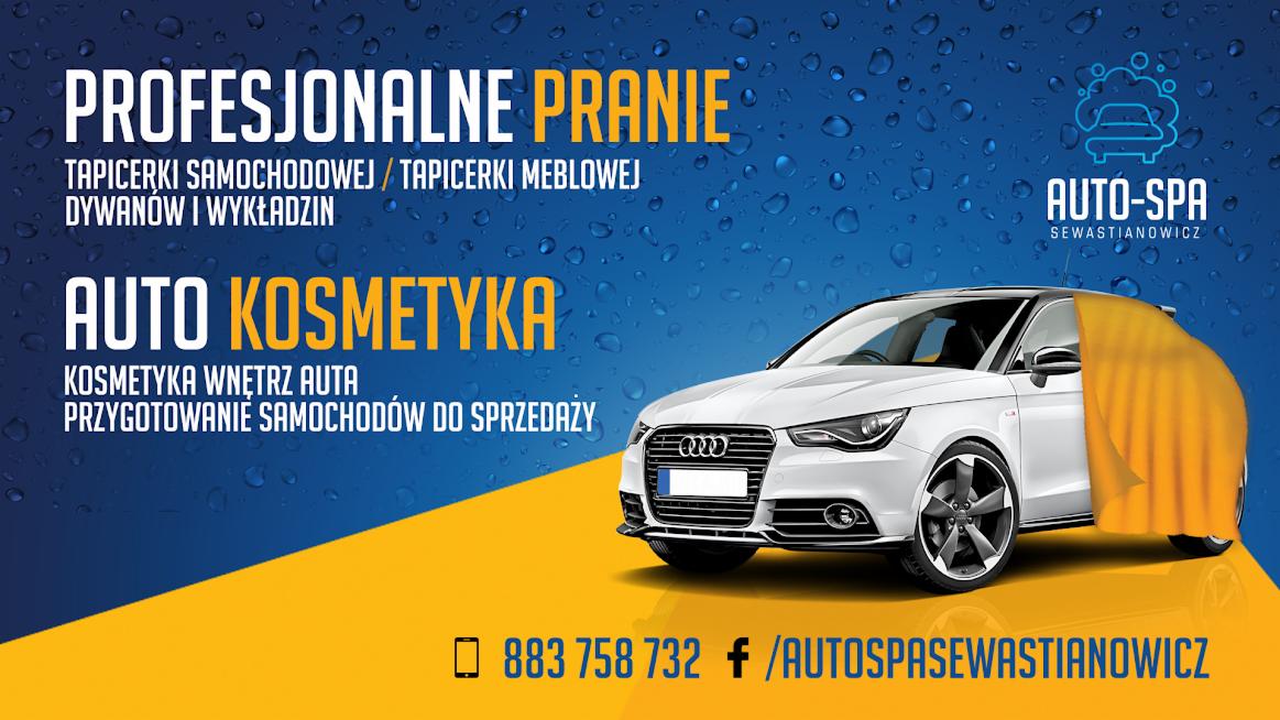 Grafika reklamowa firmy Auto-Spa Sewastianowicz, oferującej profesjonalne pranie tapicerki samochodowej i meblowej, dywanów i wykładzin, oraz auto kosmetykę, w tym kosmetykę wnętrz i przygotowanie...