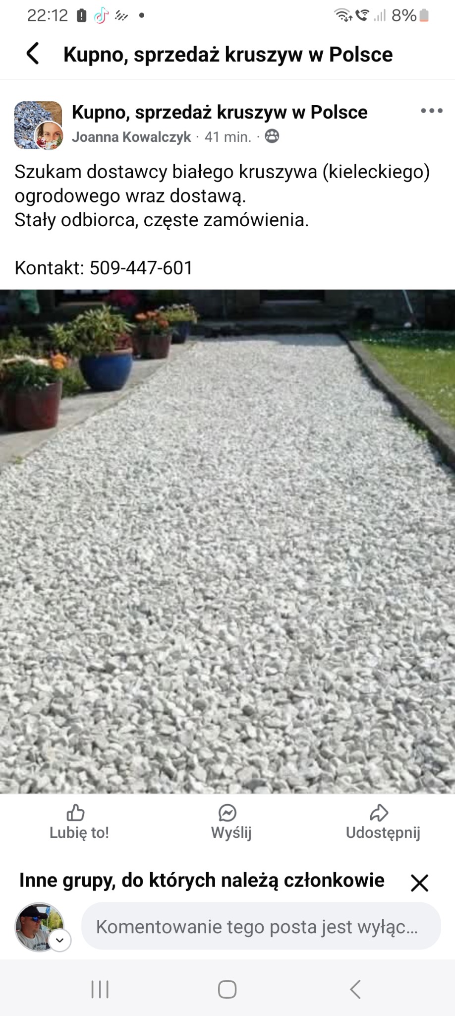 Ścieżka ogrodowa wysypana białym kruszywem, obrzeża z kostki betonowej, w tle donice z kwiatami. Widok z perspektywy pieszego.