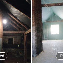 Adaptacja poddasza: zdjęcie 'przed' z surową konstrukcją i 'po' z ociepleniem, płytami g-k i oknem, ukazujące metamorfozę przestrzeni.