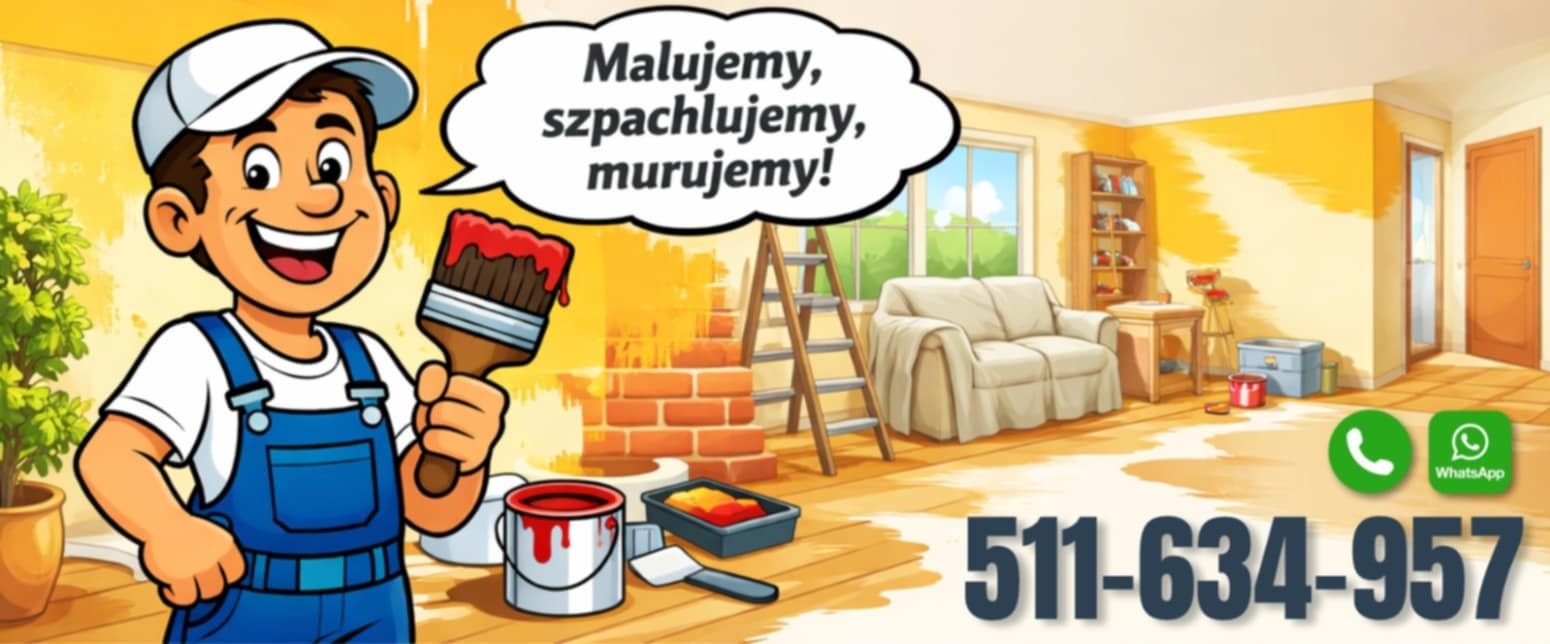 Ilustracja: Malarz z pędzlem, hasło 'Malujemy, szpachlujemy, murujemy!', wnętrze w trakcie malowania, numer telefonu i logo WhatsApp.