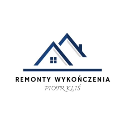 Logo firmy remontowo-wykończeniowej z dwoma stylizowanymi dachami w kolorze granatowym i nazwą firmy 'Remonty Wykończenia Piotr Kliś'.
