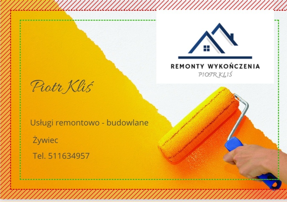 Wizytówka firmy remontowo-budowlanej z malarskim wałkiem, logo z domem i danymi kontaktowymi na żółto-białym tle z dekoracyjną ramką.