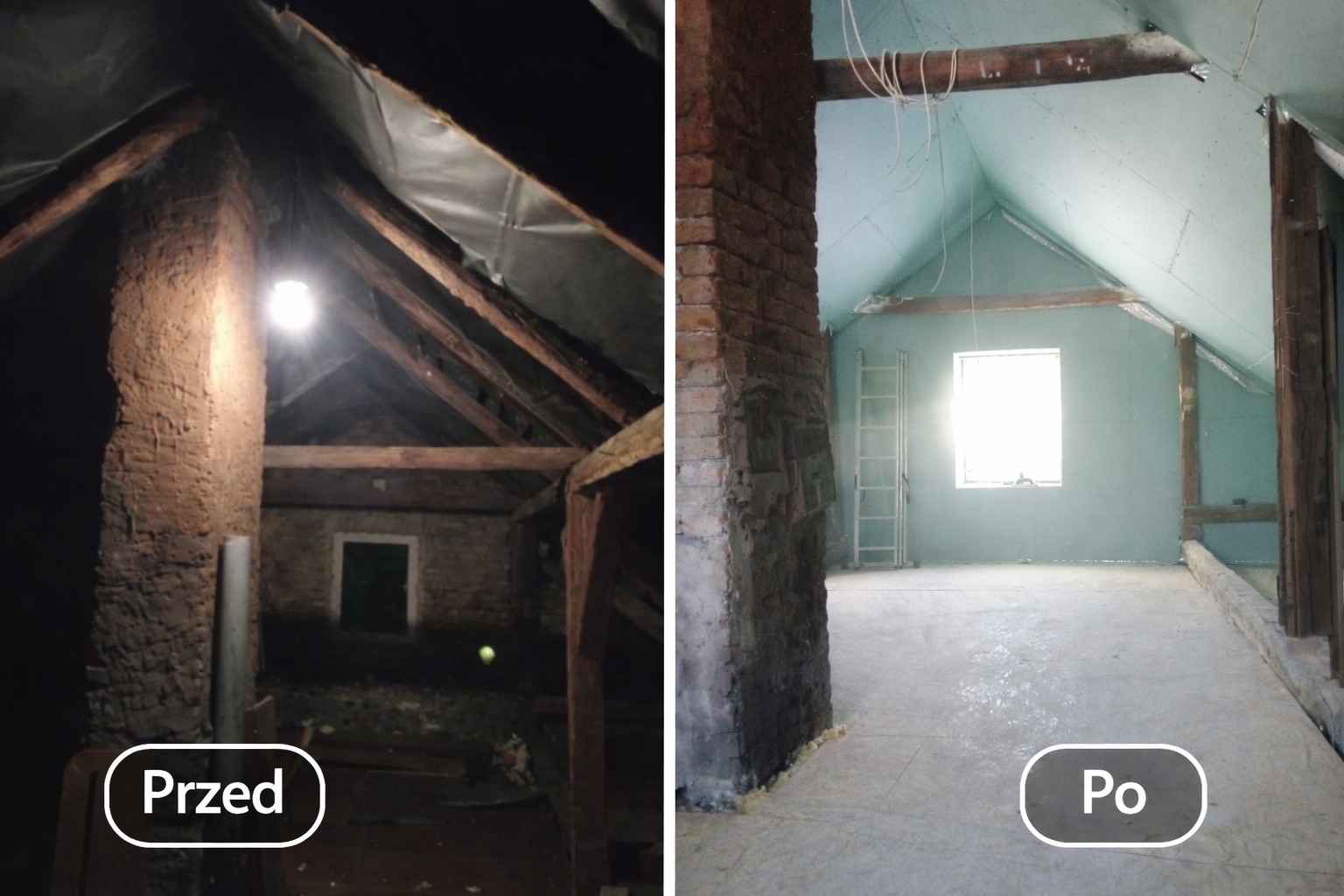 Adaptacja poddasza: zdjęcie 'przed' z surową konstrukcją i 'po' z ociepleniem, płytami g-k i oknem, ukazujące metamorfozę przestrzeni.