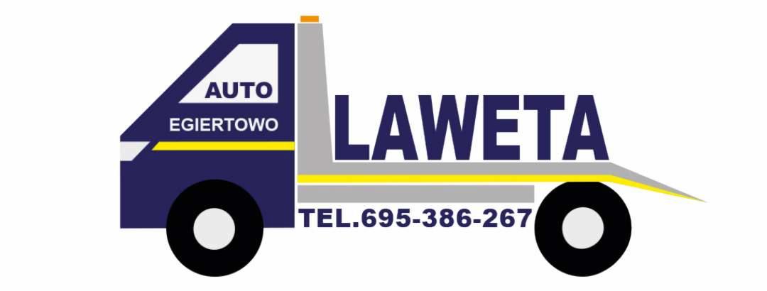Grafika wektorowa przedstawiająca stylizowaną lawetę z napisem 'AUTO EGIERTOWO' na kabinie, dużym napisem 'LAWETA' i numerem telefonu, na białym tle.