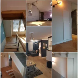 Kolaż zdjęć przedstawiających wnętrza po remoncie: schody z drewnianymi stopniami i metalową balustradą, poddasze ze skosami i zabudową szaf, salon z szarą sofą i drewnianą podłogą w jodełkę,...