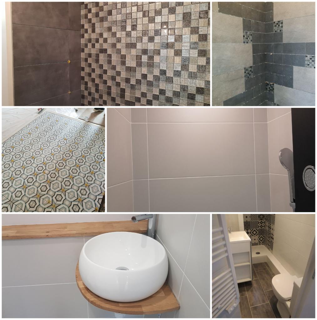 Mozaika z płytek w szarościach, ułożona na ścianie łazienki, widoczna także umywalka nablatowa na drewnianym blacie, oraz fragment podłogi z wzorzystymi płytkami.