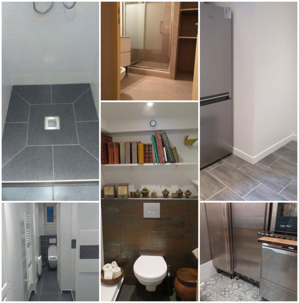 Mozaika zdjęć prezentująca różne wnętrza: kabina prysznicowa z odpływem liniowym, łazienka z toaletą i półką z książkami oraz kuchnia z lodówką i szarą podłogą.