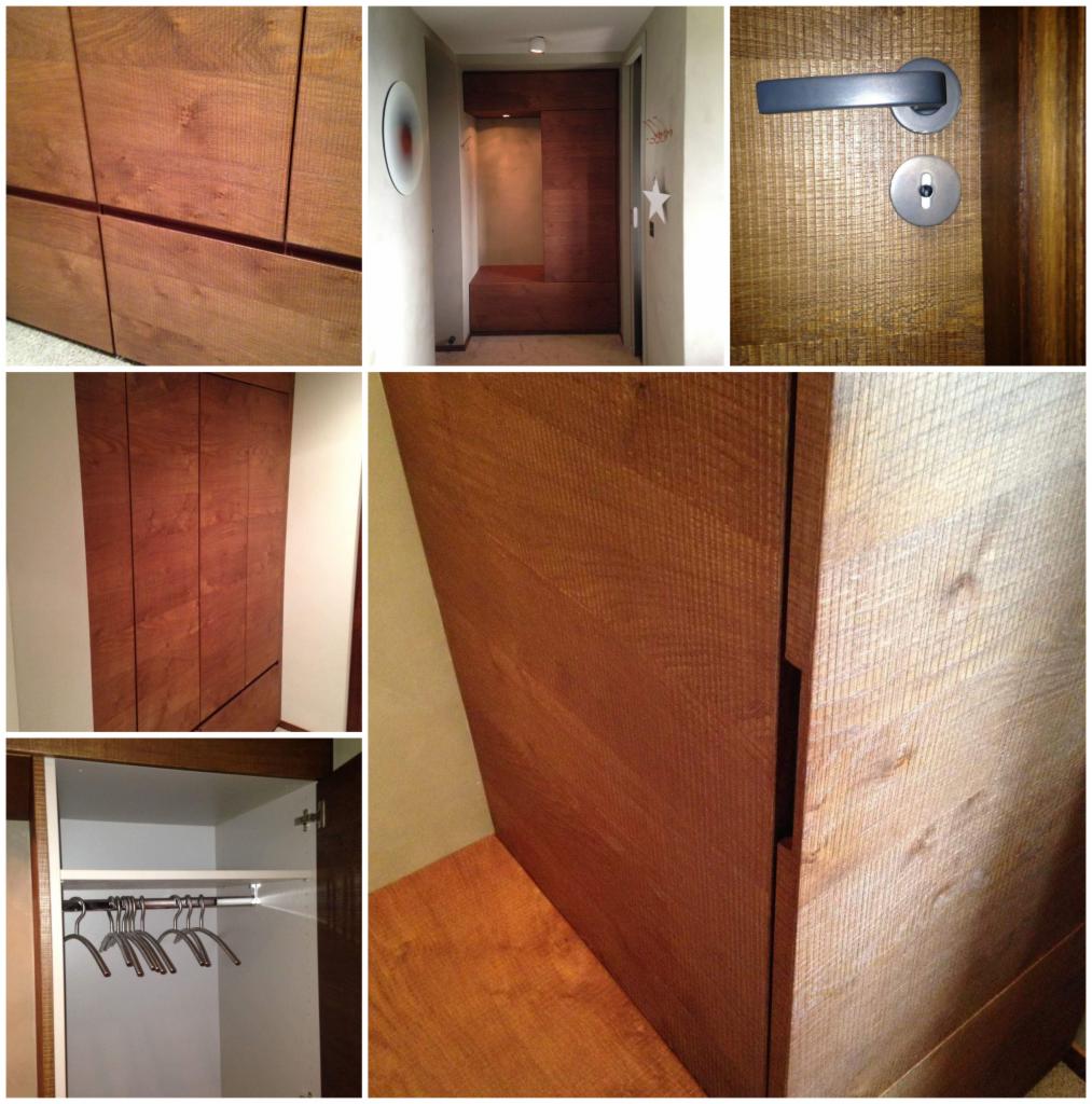 Kompozycja zdjęć przedstawiająca różne elementy drewnianej zabudowy wnętrza: fragmenty szaf z widocznymi fakturami drewna, korytarz z drewnianą zabudową i wnęką, detal drzwi z klamką i zamkiem...