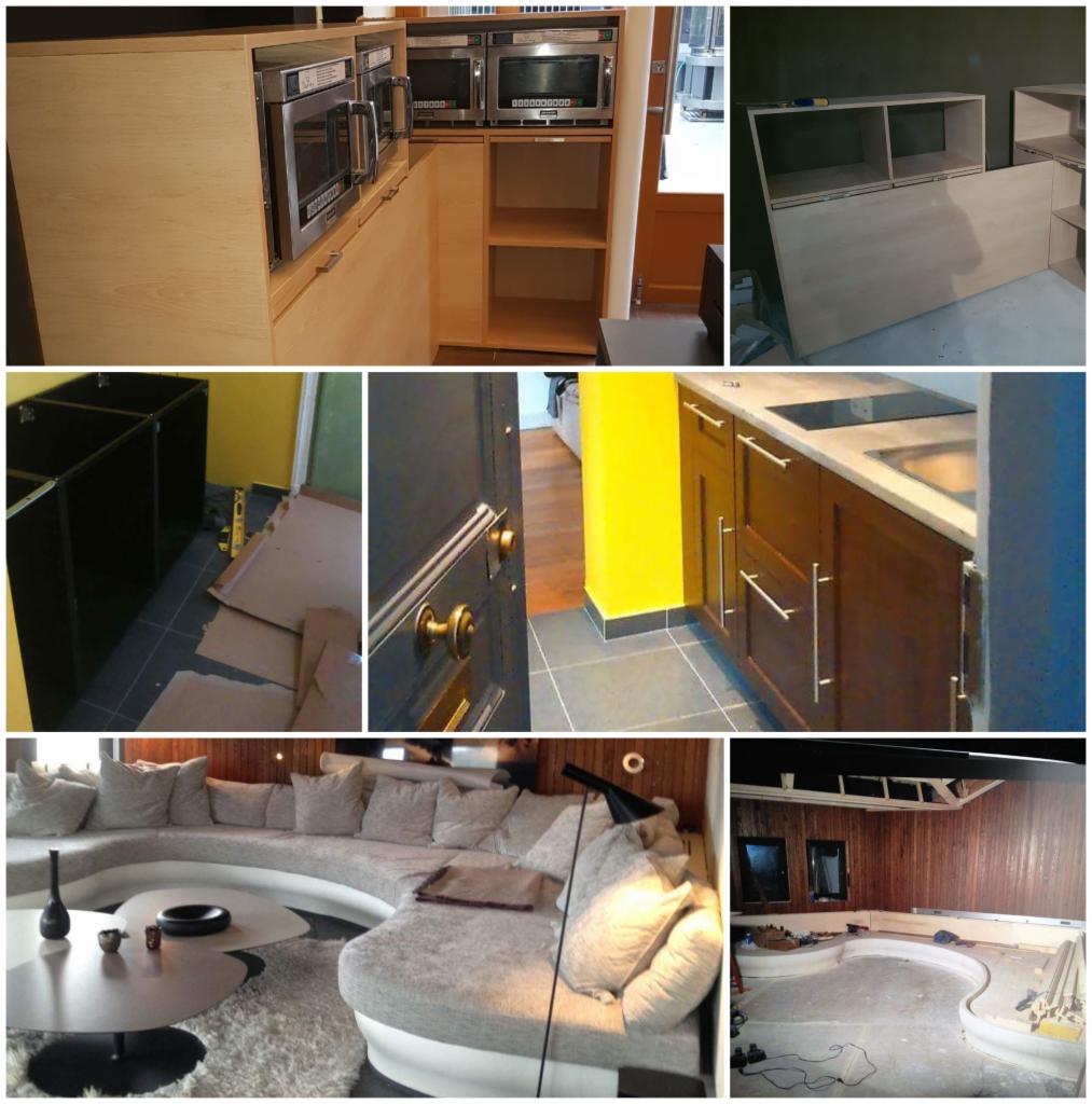 Mozaika zdjęć przedstawiająca różne etapy prac wykończeniowych: montaż zabudowy kuchennej z mikrofalówkami, szafki kuchenne w trakcie montażu, drzwi z mosiężnymi klamkami, wnętrze z zabudową...