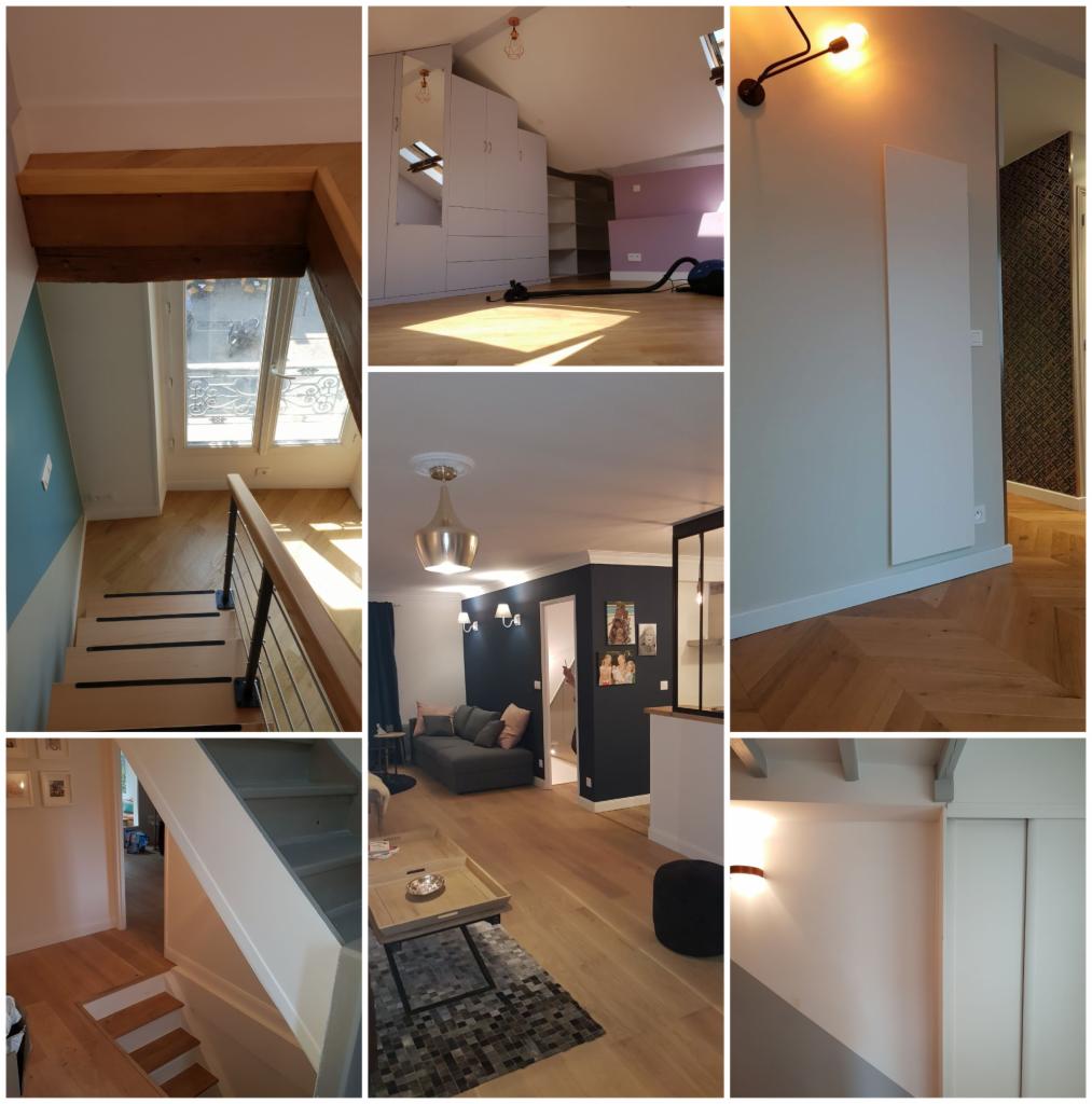 Kolaż zdjęć przedstawiających wnętrza po remoncie: schody z drewnianymi stopniami i metalową balustradą, poddasze ze skosami i zabudową szaf, salon z szarą sofą i drewnianą podłogą w jodełkę,...