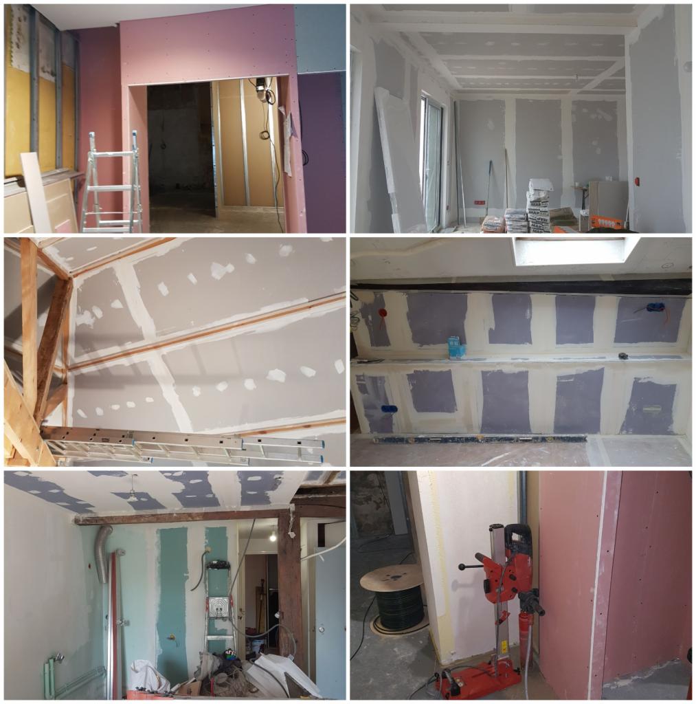 Kompozycja sześciu zdjęć z różnych etapów montażu płyt kartonowo-gipsowych: od konstrukcji szkieletowej, poprzez montaż płyt, aż po szpachlowanie łączeń.