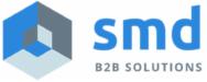 Logo firmy SMD B2B Solutions z abstrakcyjnym, trójwymiarowym symbolem w odcieniach niebieskiego i szarości.