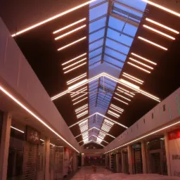 Wnętrze galerii handlowej z nowoczesnym oświetleniem LED w postaci równoległych linii na suficie i oknem dachowym w kształcie piramidy.