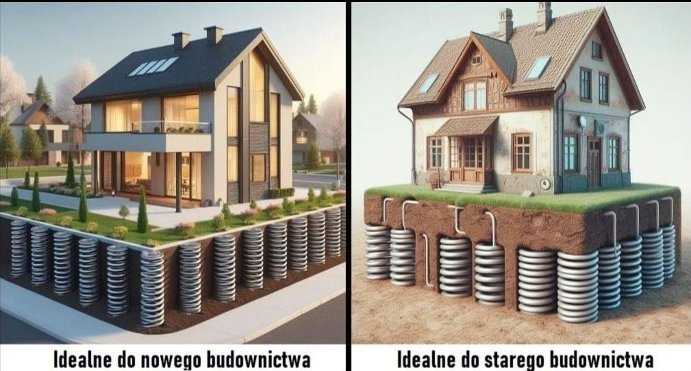 Porównanie instalacji gruntowych wymienników ciepła pod nowoczesnym i starszym domem, ukazujące spiralne kolektory w gruncie.