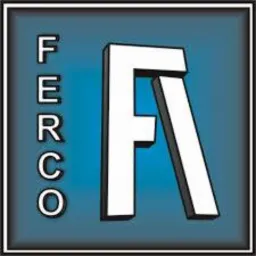 Logo FERCO na niebieskim tle z gradientem, otoczone czarną ramką z efektem 3D. Litery pionowo po lewej stronie i stylizowana litera F po prawej.
