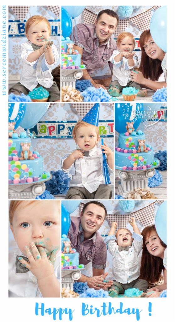 Kolaż zdjęć z roczku dziecka: tort z misiami, rodzice z synkiem, mały solenizant z tortem na twarzy i w urodzinowym kapeluszu, dekoracje w odcieniach błękitu.