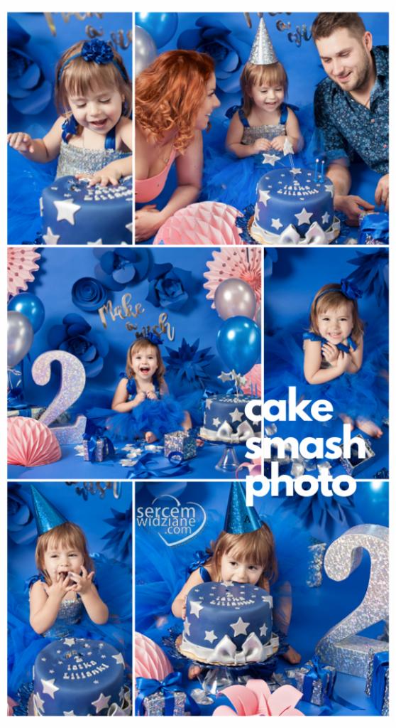 Kompozycja kolażu zdjęć z sesji urodzinowej dziewczynki w niebieskiej sukience i czapeczce, tort z napisem i gwiazdkami, rodzice w tle, balony i dekoracje w odcieniach niebieskiego i srebrnego.