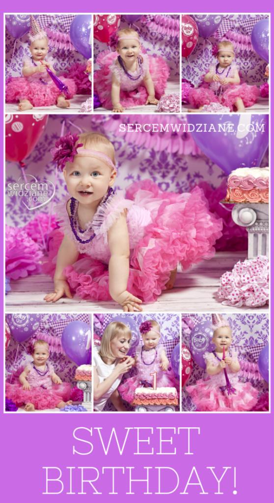 Kolaż zdjęć dziewczynki w różowej sukience tutu podczas pierwszych urodzin, z tortem, balonami i dekoracjami w odcieniach różu i fioletu.