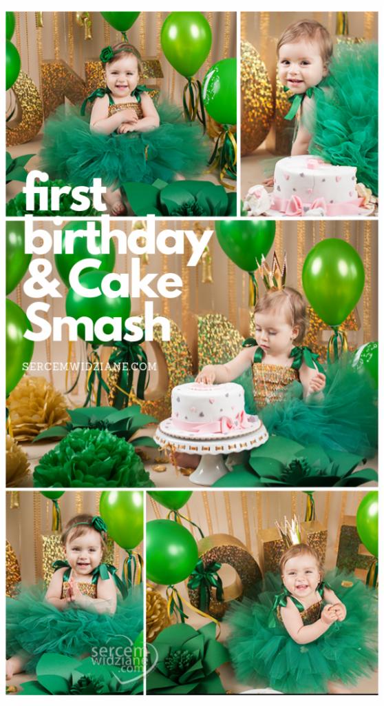 Kolaż zdjęć z sesji roczkowej dziewczynki w zielonej tiulowej sukience, z tortem na białym stojaku i zielonymi balonami na złotym tle.