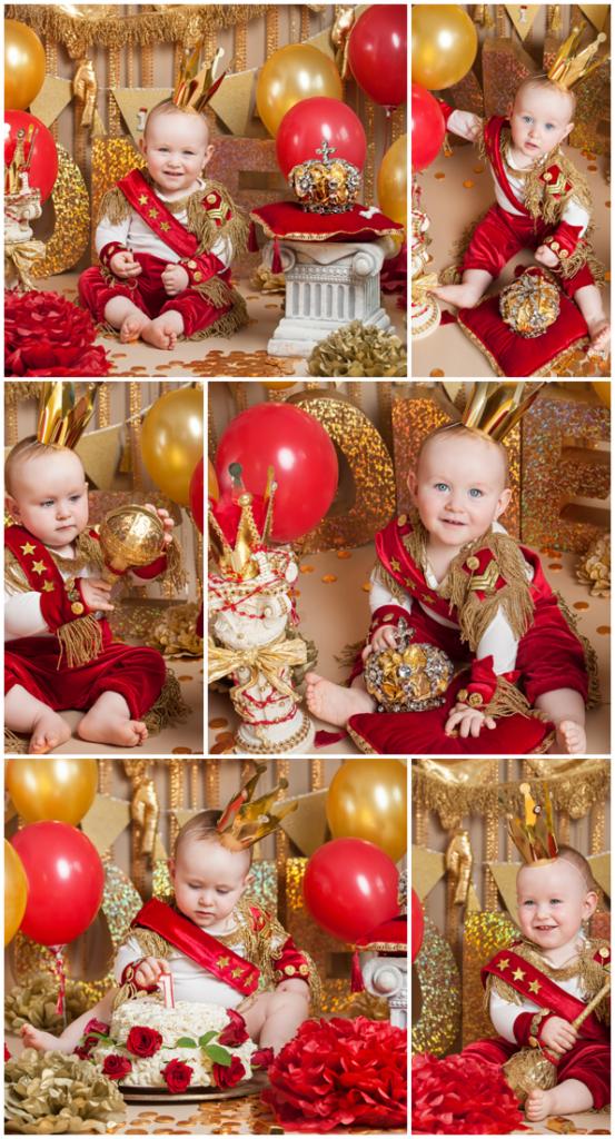 Kolaż z sesji roczkowej dziecka ubranego w strój królewski z koroną, czerwonym aksamitnym ubraniem ze złotymi frędzlami i szarfą z gwiazdami, w otoczeniu balonów, dekoracji i tortu.