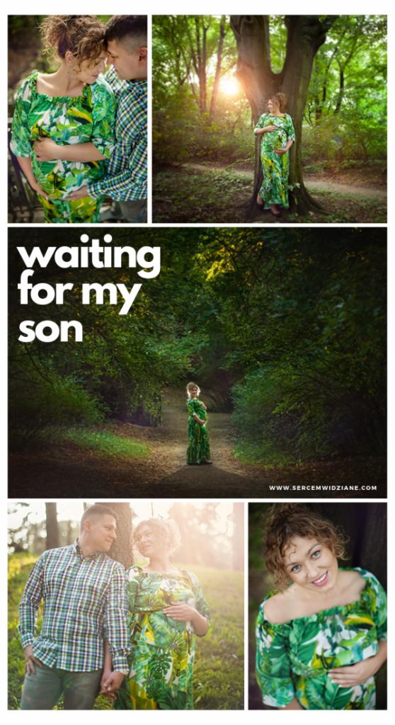 Kolaż zdjęć z sesji ciążowej: kobieta w zielonej sukience z motywem liści, pozująca w lesie z partnerem, uśmiechnięta twarz w zbliżeniu.