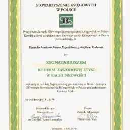 Certyfikat sygnatariusza Kodeksu Zawodowej Etyki w Rachunkowości dla Biura Rachunkowego Joanny Brzostkiewicz z siedzibą w Krakowie, wydany przez Stowarzyszenie Księgowych w Polsce.
