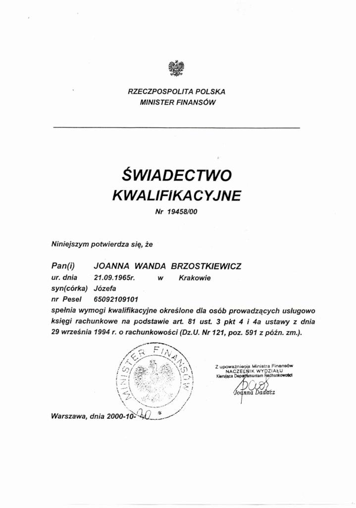 Skan Świadectwa Kwalifikacyjnego Ministerstwa Finansów z 2000 roku dla Joanny Wandy Brzostkiewicz, uprawniającego do usługowego prowadzenia ksiąg rachunkowych, z pieczęcią i podpisem Joanny Dadacz