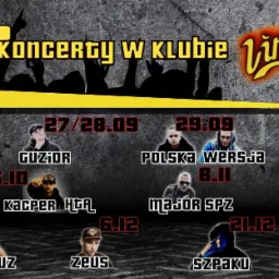 Plakat promujący serię koncertów rapowych w klubie Vinyl, z datami występów i wizerunkami artystów, na tle imitującym betonową ścianę.