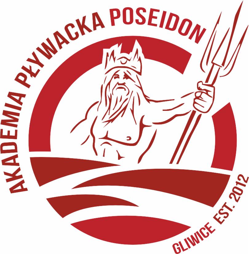 Logo Akademii Pływackiej Poseidon z wizerunkiem Posejdona trzymającego trójząb, w kolorze czerwonym na białym tle, z napisem 'GLIWICE EST. 2012'.