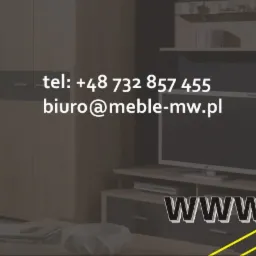 Grafika reklamowa producenta mebli z logo, danymi kontaktowymi i wizualizacją aranżacji wnętrza.