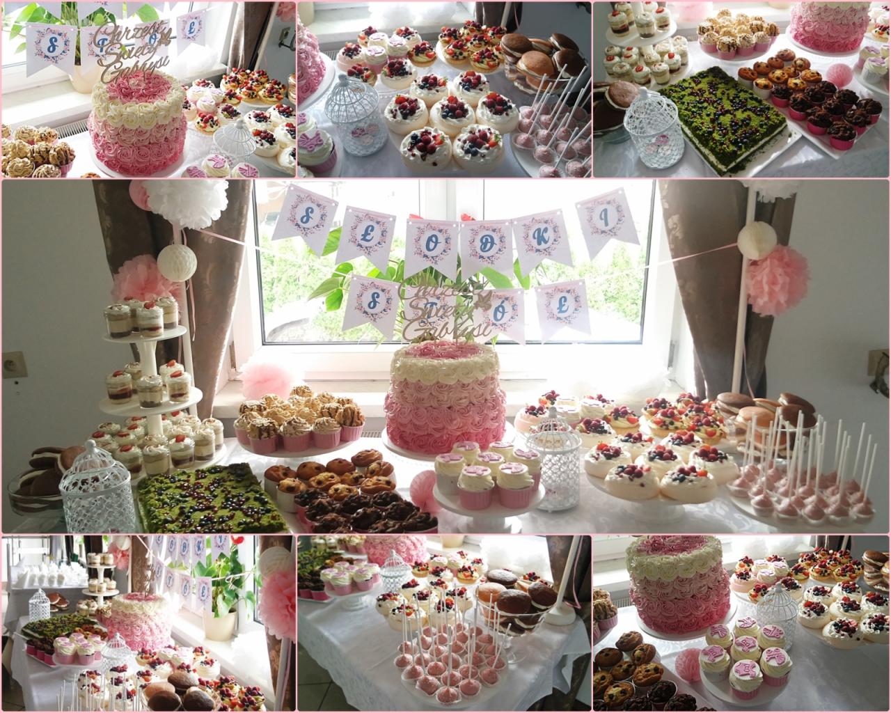 Stół z różnorodnymi słodkościami: tort ombre w odcieniach różu, babeczki z owocami, cake pops, ciasteczka, mini desery w kubeczkach, dekoracje papierowe z napisem 'Słodki Stół' w tle okna.