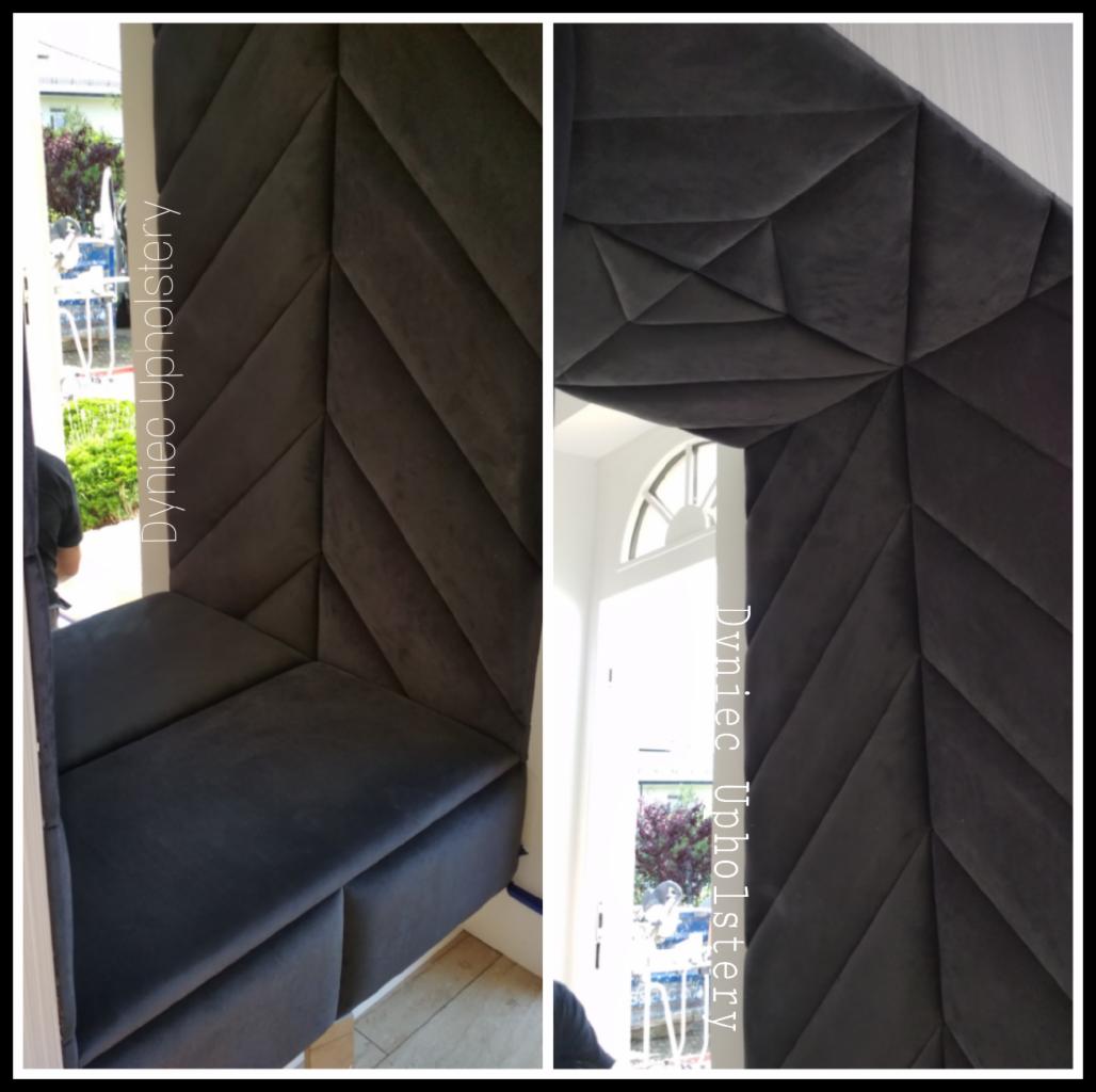 Tapicerowana wnęka okienna z siedziskiem, ciemnoszara tkanina z geometrycznym wzorem, widok z bliska.