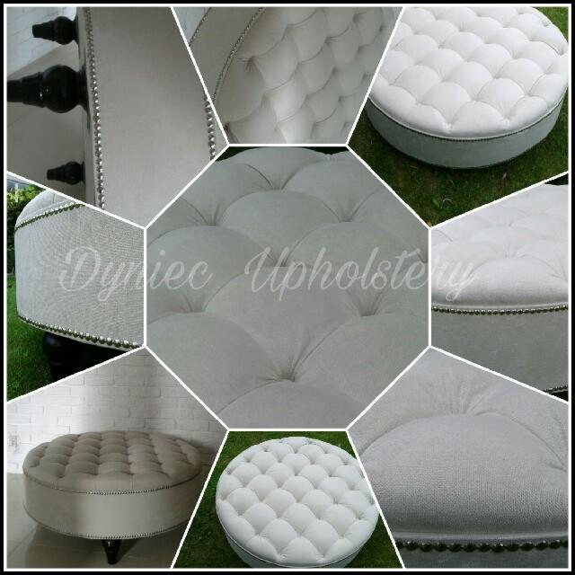 Kolaż przedstawiający okrągły, tapicerowany puf z dekoracyjnymi pinezkami, w różnych ujęciach i z różnymi detalami wykończenia.