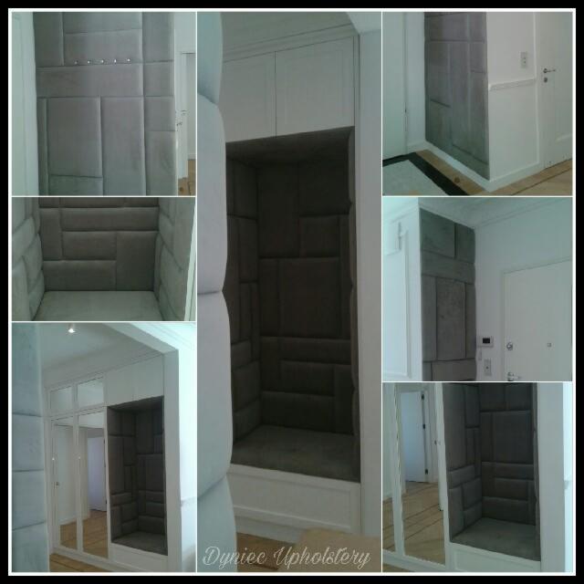 Kolaż zdjęć przedstawiający wnękę z tapicerowanymi panelami ściennymi w kolorze szarym, tworzącymi geometryczny wzór, z siedziskiem również obitym szarą tkaniną, oraz fragment ściany z podobnymi...