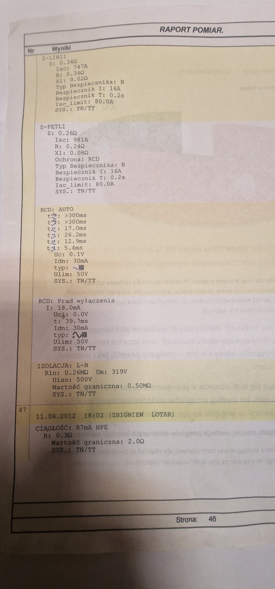 Przykładowy pomiar 1 gniazda