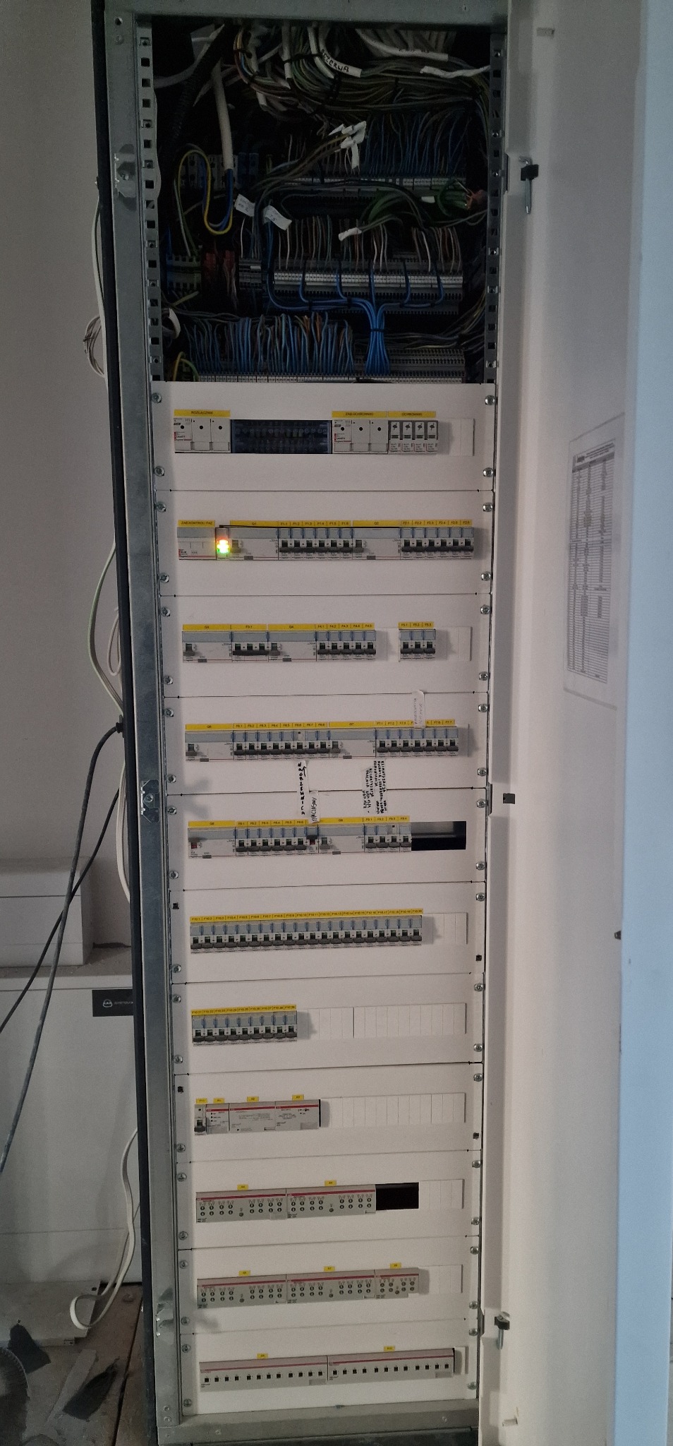 Otwarta szafa elektryczna z widocznymi bezpiecznikami, przewodami i elementami sterującymi. Widoczne oznaczenia na listwach. Oświetlenie górne.