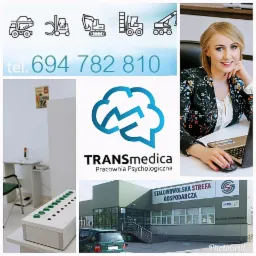 Kompozycja kolażu zdjęć: logo pracowni psychologicznej Transmedica, blond kobieta przy biurku z laptopem, budynek Stalowowolskiej Strefy Gospodarczej, urządzenie diagnostyczne z przyciskami...