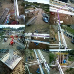 Skomplikowany system rurociągów przemysłowych, białe rury z niebieskimi i fioletowymi akcentami, widok z różnych perspektyw na placu budowy z ciężkim sprzętem i elementami konstrukcyjnymi.