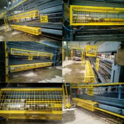 Wielopanelowe ujęcie przemysłowej maszyny z żółtymi osłonami ochronnymi, widoczne elementy konstrukcyjne i ostrzegawcze napisy w języku polskim.