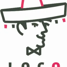 Graficzne logo firmy eventowej: profil mężczyzny w sombrero i muszce, nazwa firmy 'LOCO EVENTS'.