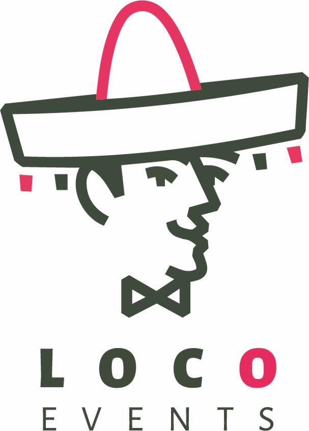 Graficzne logo firmy eventowej: profil mężczyzny w sombrero i muszce, nazwa firmy 'LOCO EVENTS'.