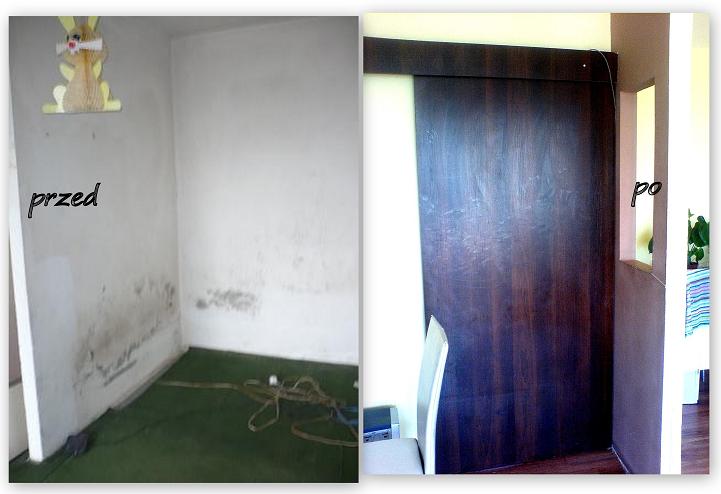 Porównanie 'przed' i 'po': Ściana z plamami i nieestetycznym wykończeniem zamieniona w gładką powierzchnię z zamontowanymi przesuwnymi drzwiami z ciemnego drewna.