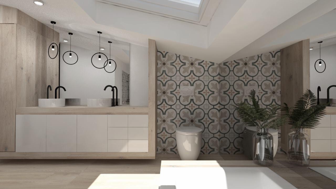 Wizualizacja nowoczesnej łazienki na poddaszu z drewnianymi akcentami, wzorzystą ścianą, wiszącymi lampami i roślinami w szklanych wazonach.