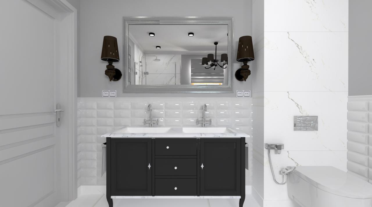 Elegancka łazienka z podwójną umywalką na czarnej szafce z marmurowym blatem, duże lustro w srebrnej ramie, kinkiety z brązowymi abażurami, białe płytki na ścianach i widoczna toaleta myjąca.