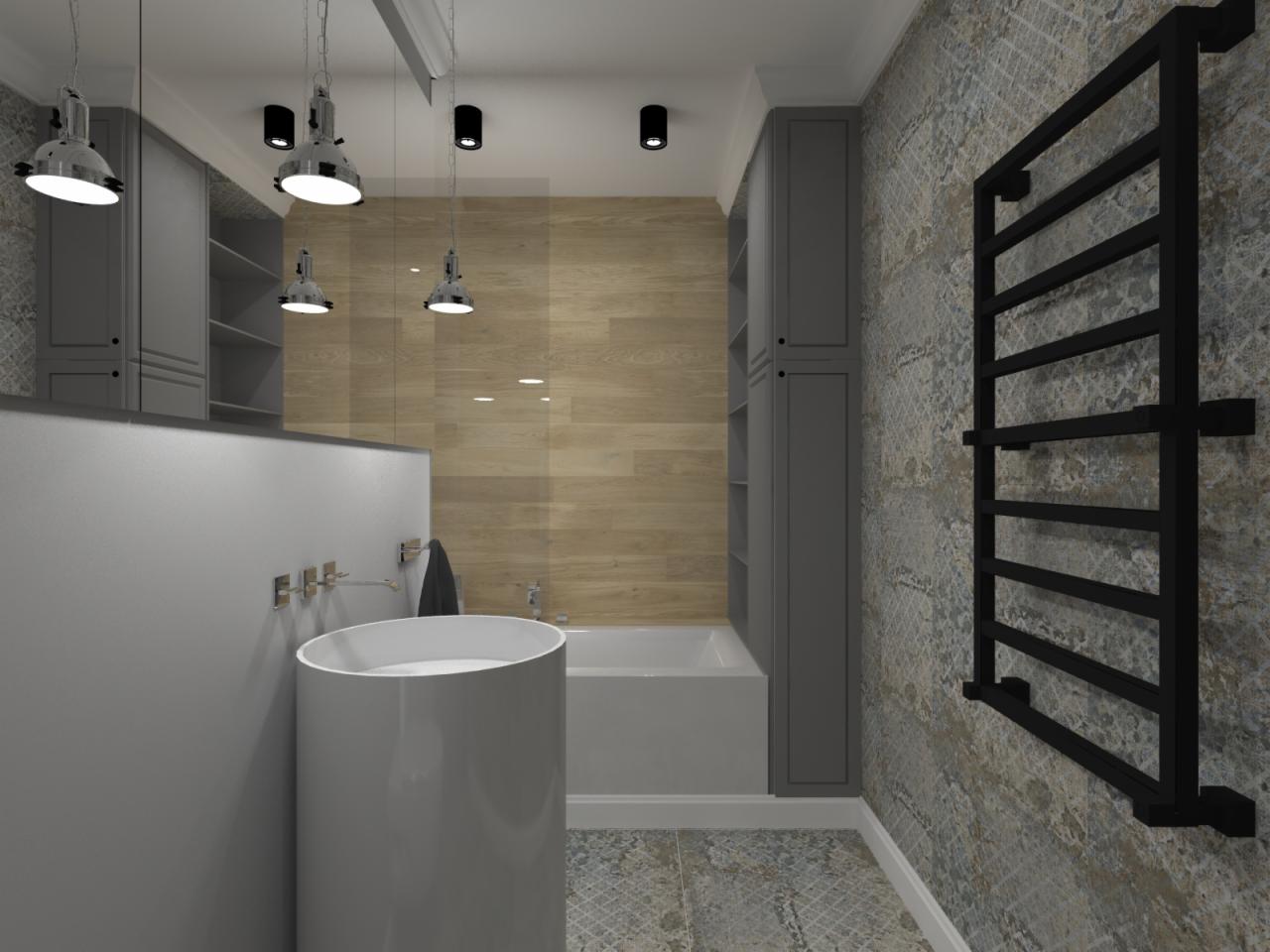 Wizualizacja łazienki z wolnostojącą umywalką cylindryczną, grzejnikiem drabinkowym na dekoracyjnej ścianie, drewnopodobną ścianą nad wanną i wiszącymi lampami w stylu industrialnym.