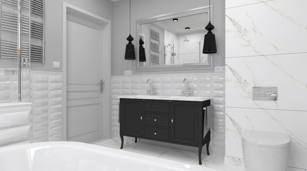 Elegancka, monochromatyczna łazienka z czarną szafką pod umywalkę z marmurowym blatem, wiszącymi lampami i lustrem, odbijającym kabinę prysznicową w tle.